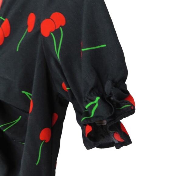 1990s Vintage Black Sweetheart Cherry Pattern A-Line Short Sleeve Mini Dress XS - Picture 6 of 7